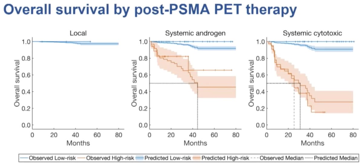 When survival outcomes were stratified by the post-PSMA PET/CT therapy received (local only low-risk patients, systemic androgen, or systemic cytotoxic), the study investigators noted strong agreements between the predicted and observed probabilities for both low- and high-risk patients.&nbsp;