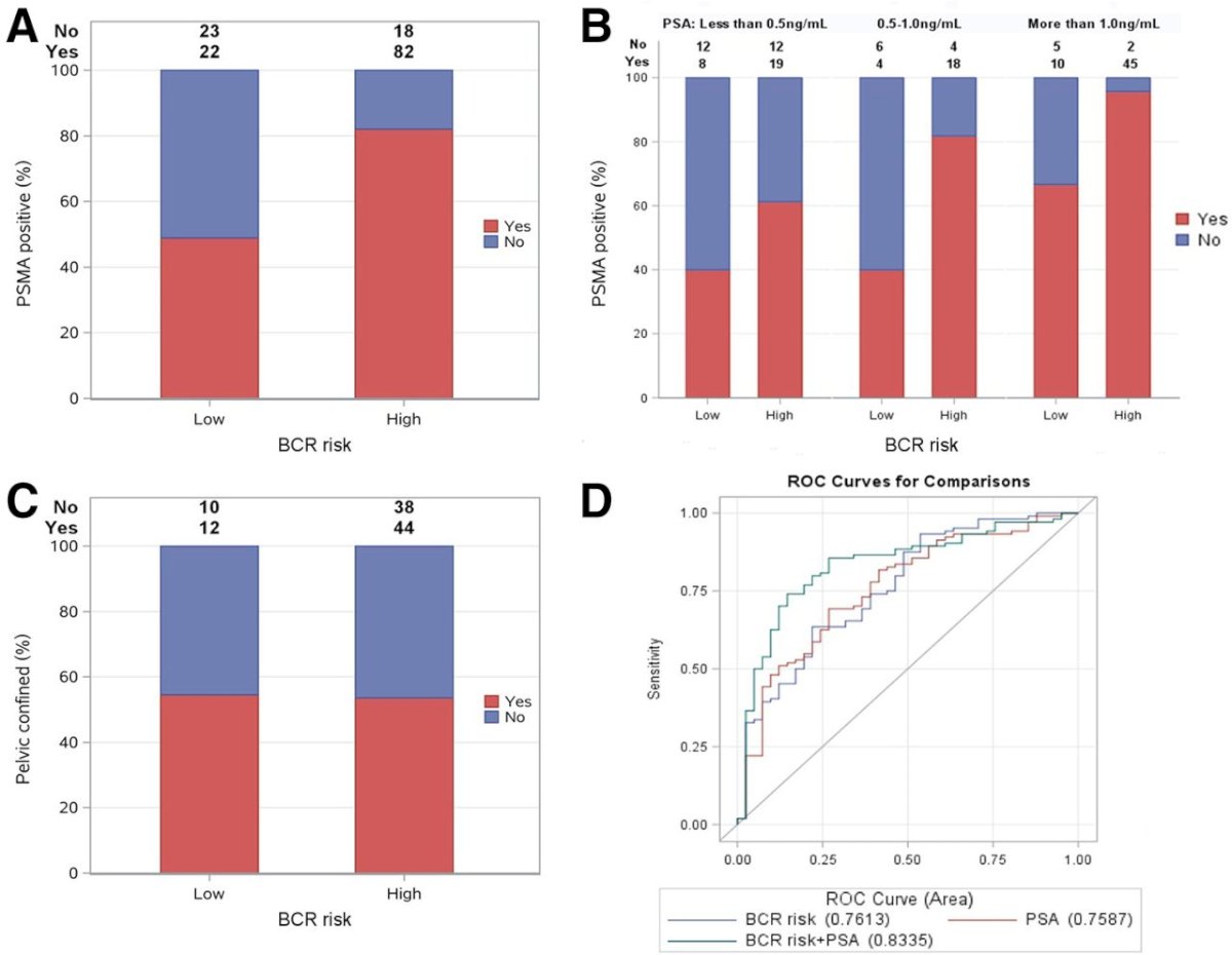 As illustrated below, higher-risk BCR patients showed greater rates of PSMA positivity compared to low-risk cases, with positivity increasing as PSA levels rose, particularly above 1.0 ng/ml. Roughly half of the recurrences in both low- and high-risk groups were pelvic-confined. ROC analyses demonstrated that combining PSA with BCR risk improved predictive accuracy (AUC 0.8335) compared with either factor alone. Notably PSA doubling time is also a strong predictor of PSMA PET positivity.