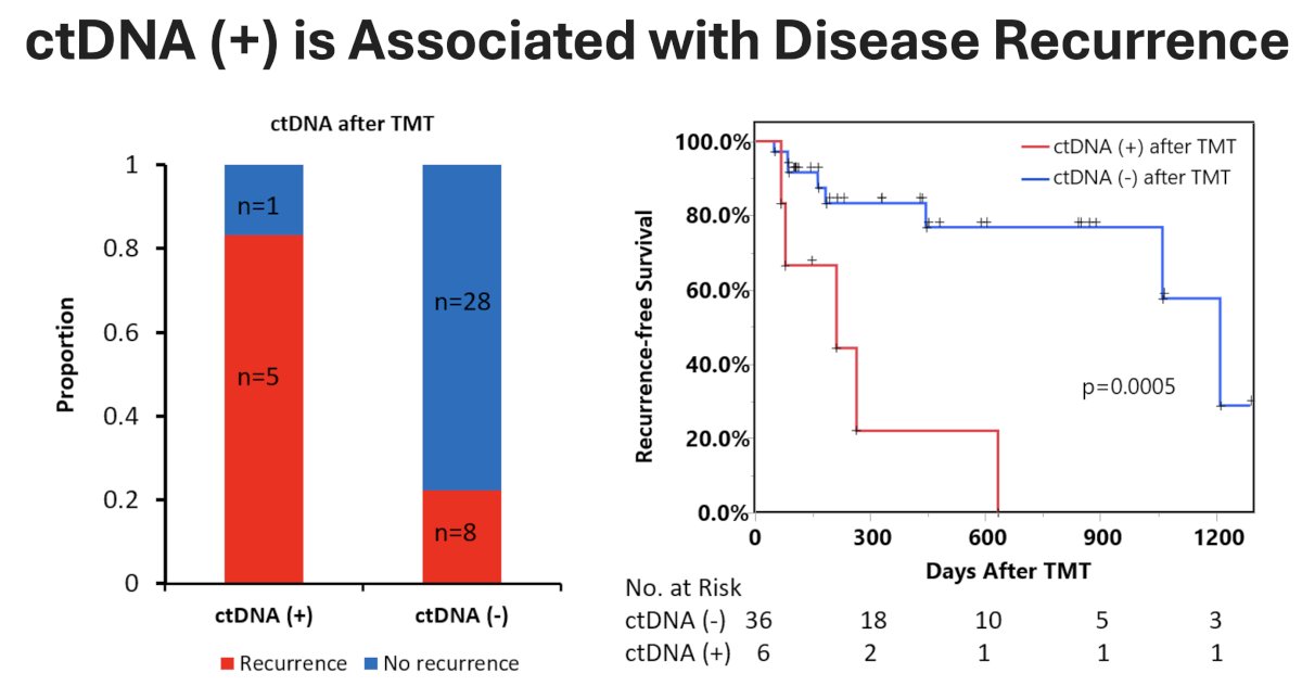 The Kaplan Meier-estimated 1-year recurrence-free survivals in the ctDNA(+) and ctDNA(-) groups were 22% and 83%, respectively.&nbsp;