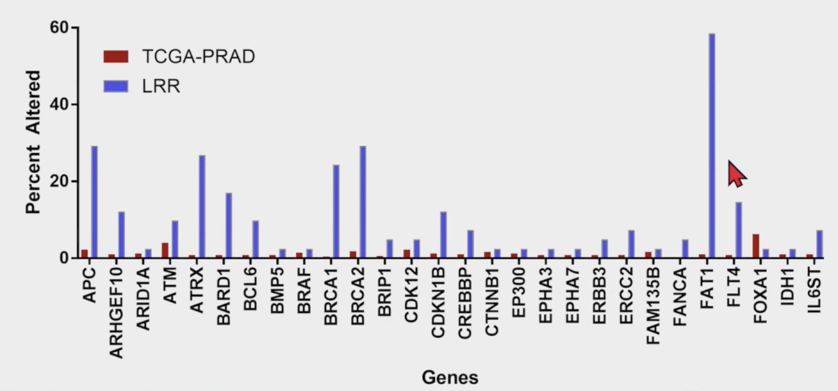 The locally radiorecurrent prostate cancer cohort demonstrated enrichment in PI3K pathway alterations compared to treatment naïve prostate cancer within TCGA with alteration frequencies in PTEN of 12% (5/41) versus 3%, [p = 0.005] and PIK3CA of 12% (5/41) versus 2% [p < 0.001]. Other genetic alterations enriched in locally radiorecurrent prostate cancer include BRCA1 of 10% (4/41), PTCH1 of 22% (9/41), MSH3 of 12% (5/41), and STAG2 of 34% (14/41). However, no common genetic alteration was conserved across all samples: