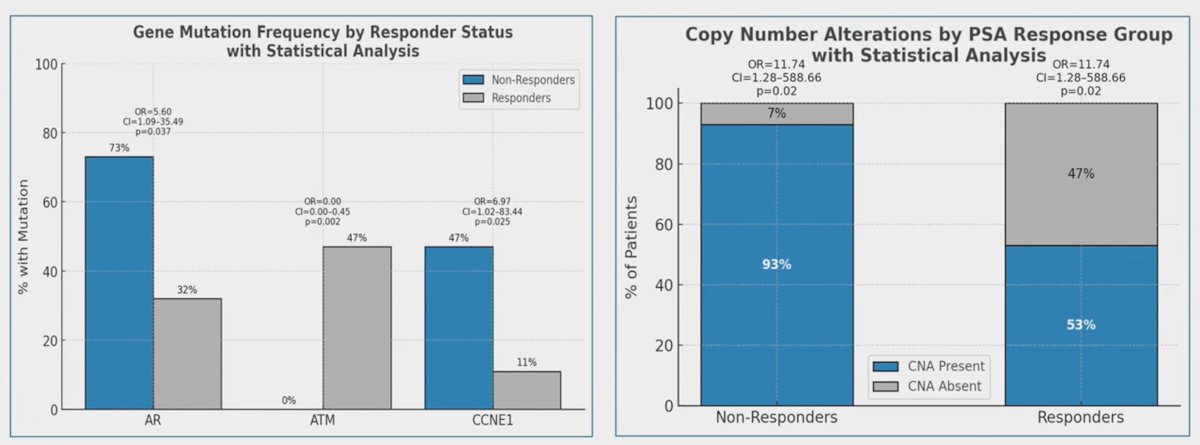 Following&nbsp;177Lu-PSMA-617 treatment, non-responders were also significantly more likely to have a mutated androgen receptor (OR 5.60, 95% CI 1.09, 35.49, p = 0.037), CCNE1 (OR 6.97, 95% CI 1.02, 83.44, p = 0.025), and significantly less likely to have mutated ATM (OR 0.00, 95% CI 0.00, 0.45, p = 0.002):