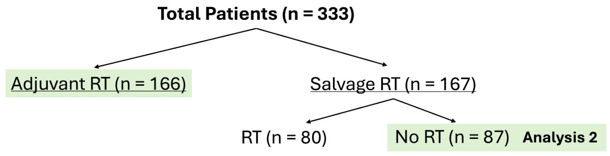 This was a planned secondary analysis of RAVES. Of the 333 enrolled patients, 167 were randomized to the salvage radiotherapy treatment arm. 80/167 men randomized to the salvage radiotherapy treatment arm eventually received radiotherapy, of which 40 were categorized as early (<2.6 years post-RP) and 40 as late salvage radiotherapy (≥2.6 years post-RP). 2