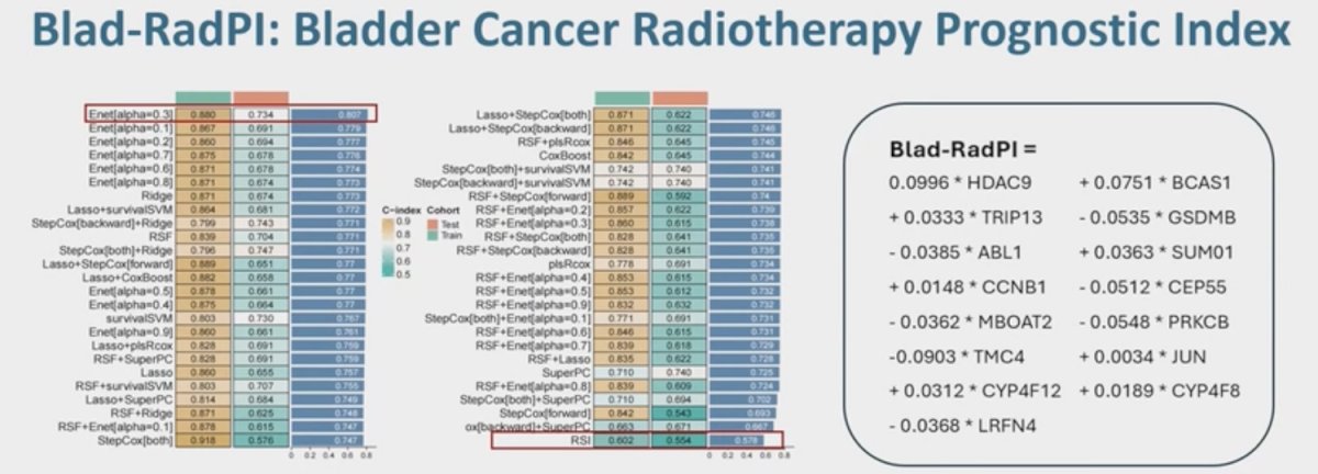 Blad-RadPI integrated the radiation-responsive genes and radiosensitivity index (RSI)-related biomarkers. Blad-RadPI achieves a higher predictive accuracy (C-index: 0.81 vs 0.58), compared with RSI.