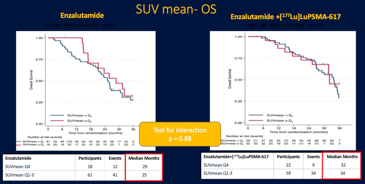 Similarly, when evaluating SUVmean as a predictive biomarker for overall survival, no significant difference was observed between patients with high versus low PSMA uptake. In the enzalutamide-alone arm, median OS was 29 months for those in the highest SUVmean quartile compared to 25 months for the lower quartiles (HR 0.84, p=0.59). In the combination arm with 177Lu-PSMA-617, median OS was 32 and 34 months, respectively (HR 0.80, p=0.56). The test for interaction (p=0.88) showed no differential effect by SUVmean, suggesting that while tumor volume strongly influences outcomes, baseline PSMA uptake intensity alone may not be a reliable predictor of response or survival benefit with radioligand therapy. (4)
