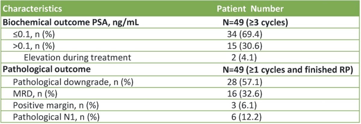 Of all 53 enrolled patients, seven patients did not finish 6 cycles of treatment due to treatment-emergent adverse events (n = 4), anxiety of surgery delay (n = 2), and PSA elevation (n = 1), and two declined surgery secondary to treatment-emergent adverse events. Of 49 patients who completed more than 1 cycle of treatment and had pathological results, the down-staging rate was 57.1% (28/49), with 3 positive surgical margins and minimal residual disease achieved in 16 patients (32.6%). Of 49 patients completing neoadjuvant therapy for more than 3 cycles, the biochemical complete response rate is 69.4% (34/49), and two patients had a PSA elevation: