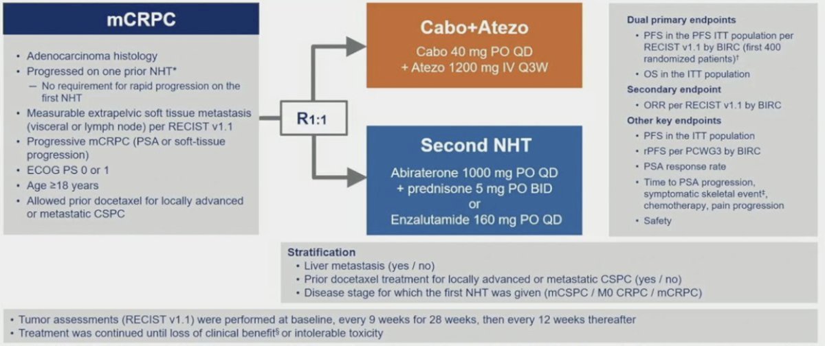 Because cabozantinib has been shown to induce favorable changes in the tumor microenvironment and regression of prostate tumors in vivo, it was subsequently combined with atezolizumab in the phase 3 CONTACT-02 trial. In this trial, patients were randomized 1:1 to cabozantinib + atezolizumab (cabozantinib [40 mg PO daily] + atezolizumab [1200 mg IV every 3 weeks]) or control (abiraterone [1000 mg PO daily] + prednisone [5 mg PO twice daily] or enzalutamide [160 mg PO daily]) and were stratified by liver metastasis (yes/no), prior docetaxel for mHSPC (yes/no), and prior novel hormonal therapy for mHSPC, M0CRPC, or mCRPC. The trial design for CONTACT-02 is as follows: