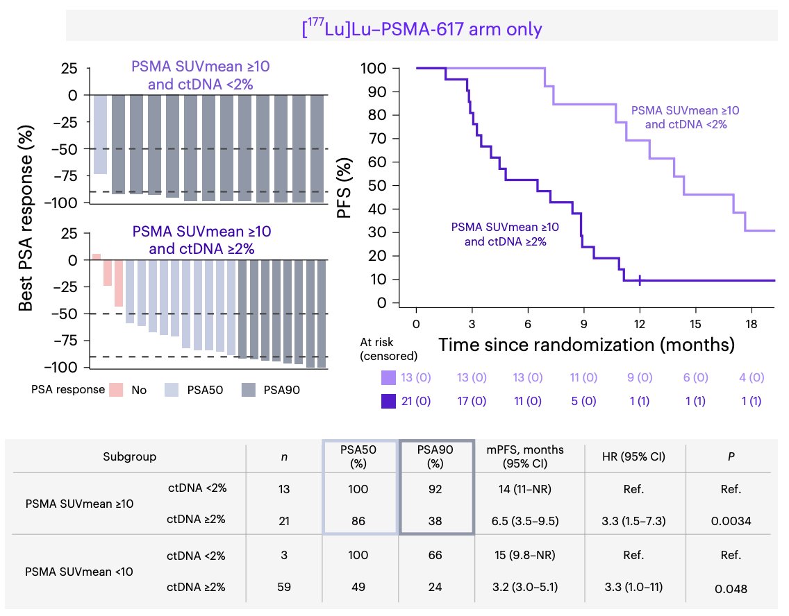 Consistent with PSMA-PET and ctDNA percentage each offering an independent predictive value, combining both parameters further stratified outcomes in patients with both high and low PSMA SUVmean receiving 177Lu-PSMA-617, with the caveat that these are relatively small subgroups: