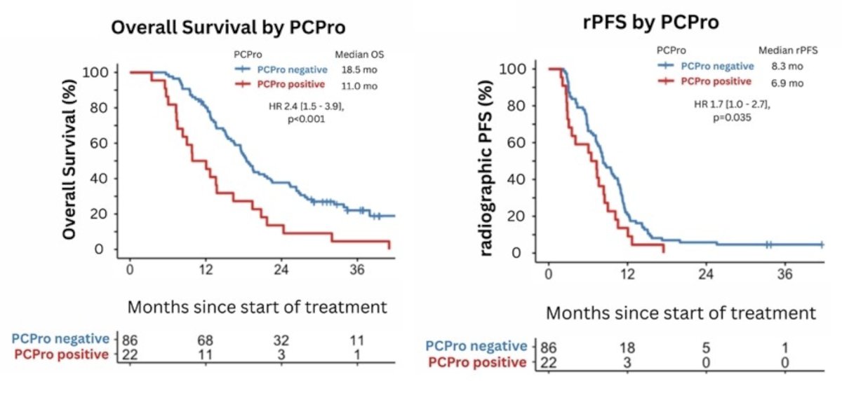 Participants who were PCPro-positive had shorter overall survival (HR 2.4, 95% CI 1.5 – 3.9, p = 0.001) and radiographic progression-free survival (HR 1.7, 95% CI 1.04 – 2.7, p = 0.035) than those who were PCPro-negative: