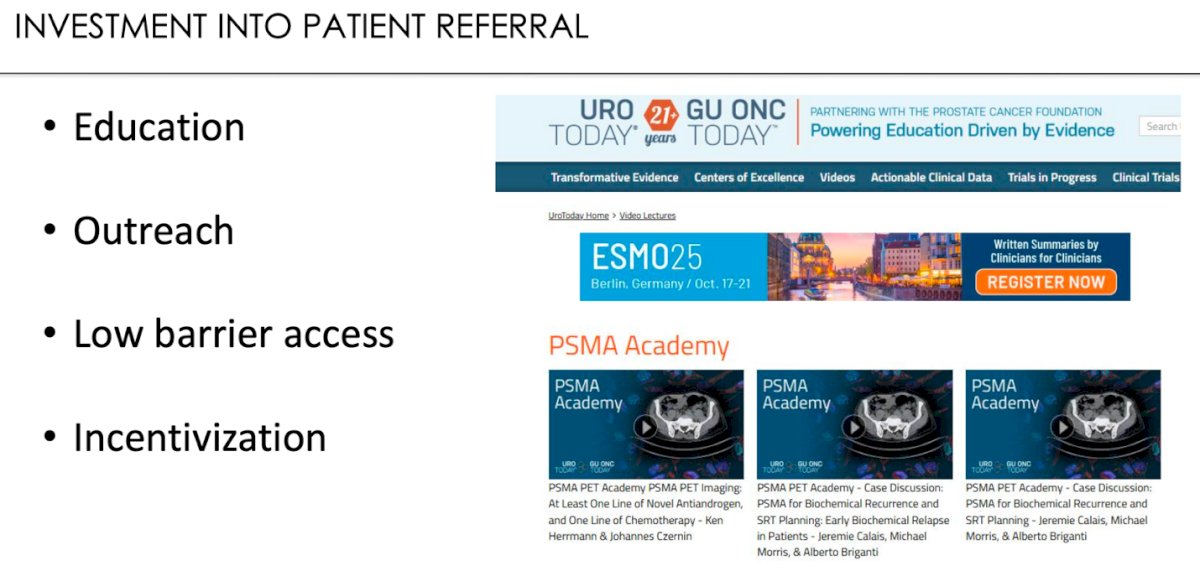 He highlighted examples like the PSMA Academy, developed in partnership with UroToday, which provides case-based education to clinicians worldwide, and the “FastTrackPSMARLT” program at Essen University Hospital, designed to accelerate patient evaluation and treatment initiation. These initiatives demonstrate how structured education and efficient referral pathways can significantly improve patient access and optimize the integration of theranostics into routine cancer care.