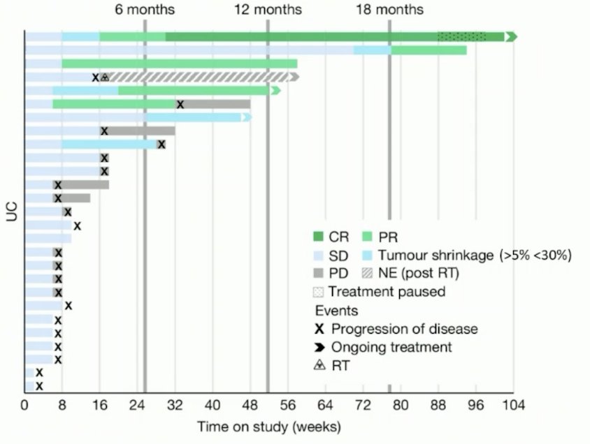 Looking back at the GDFather 1/2a trial,1 this included patients with metastatic urothelial carcinoma with a median of 3 lines of prior therapy, including those receiving previous immunotherapy. The median duration of response was 14.4 months, with 1 ongoing complete response > 20 months: