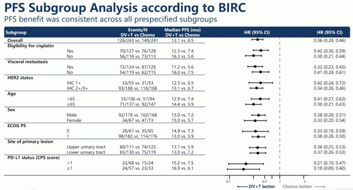 Subgroup analyses of PFS demonstrated consistent survival benefits in favor of DV+T across all subgroups, including HER2 expression status (1+ vs 2+/3+).