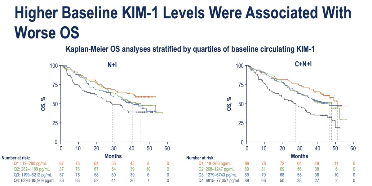 Moreover, higher baseline circulating KIM-1 levels were associated with worse OS across both treatment cohorts (Figure Below). When stratified by quartiles of baseline KIM-1 concentration, patients in the highest quartile (Q4) experienced inferior OS compared with those in lower quartiles, both in the nivolumab + ipilimumab arm and in the cabozantinib + nivolumab + ipilimumab triplet arm.