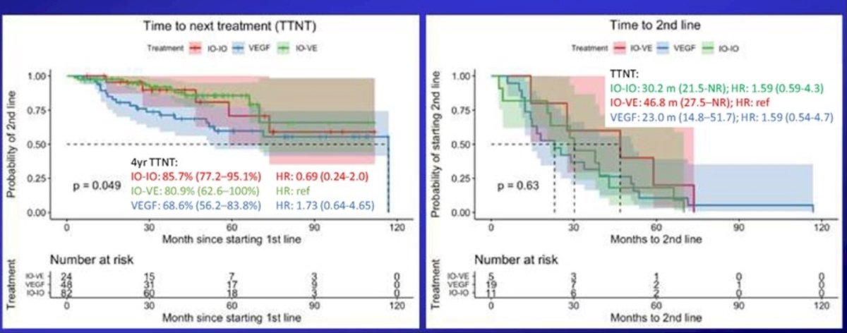 Regarding TTNT, patients treated with IO–IO achieved the most durable responses, with a 4-year TTNT rate of 85.7% compared to 80.9% for IO–VE and 68.6% for VEGF monotherapy (p=0.049). The median time to second-line therapy was longest for IO–VE (46.8 months) versus 30.2 months for IO–IO and 23.0 months for VEGF-based therapy, though these differences were not statistically significant.&nbsp;
