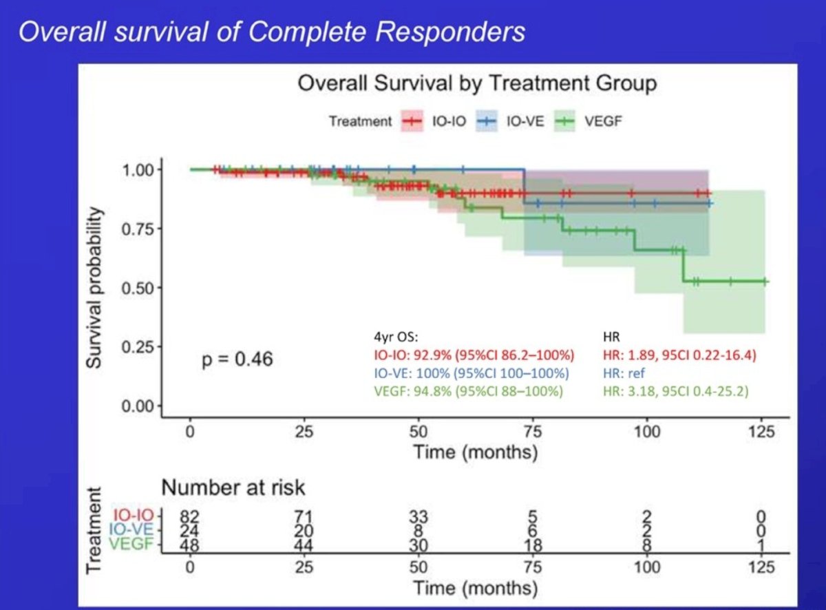 Lastly, overall survival among complete responders was excellent across all treatment groups. The 4-year OS rate was 92.9% for patients treated with IO–IO, 100% for those treated with IO–VE, and 94.8% for the VEGF monotherapy group (p=0.46). There were no statistically significant differences between groups, underscoring that patients achieving CR with any first-line regimen particularly IO-based combinations experienced durable survival outcomes.
