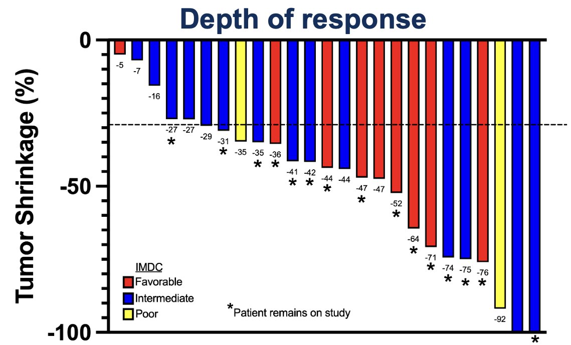 The waterfall plot demonstrating depth of response is illustrated below. Of the 6 patients with SD, 3 just missed the criteria for objective response, but were very close (27%, 27%, and 29%). 76% of patients met the RECIST criteria for objective response. Importantly, many of the best responses were observed in intermediate and poor risk disease (including both CRs).