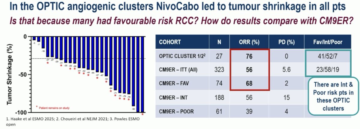 An ORR of 76% was observed in the Cluster 1/2 patients (PR: 68%). All patients exhibited some reduction in tumor burden. But were these results simply observed due to the fact that patients in Clusters 1/2 had favorable prognoses? Firstly, the ORR was higher than that observed in CheckMate-9ER.4 Additionally, all patients with IMDC intermediate and poor risk disease in this trial experienced tumor shrinkage, with no primary progressive disease (PD), which is highly encouraging.