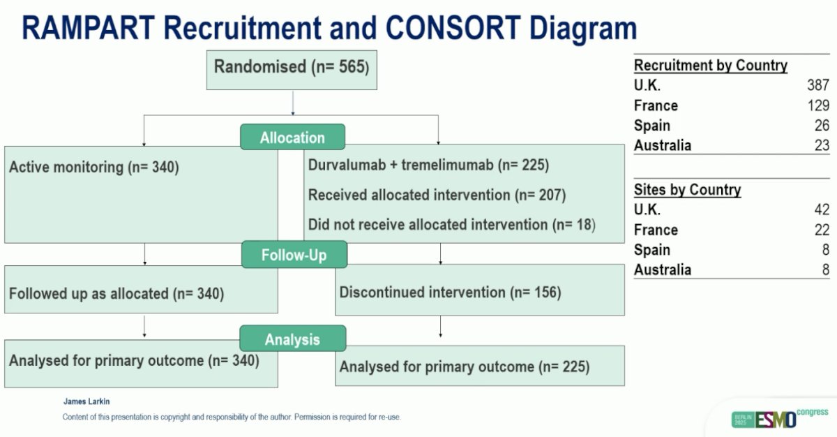 The CONSORT diagram is illustrated below. A total of 340 and 225 patients were randomized to Arms A and C, respectively.