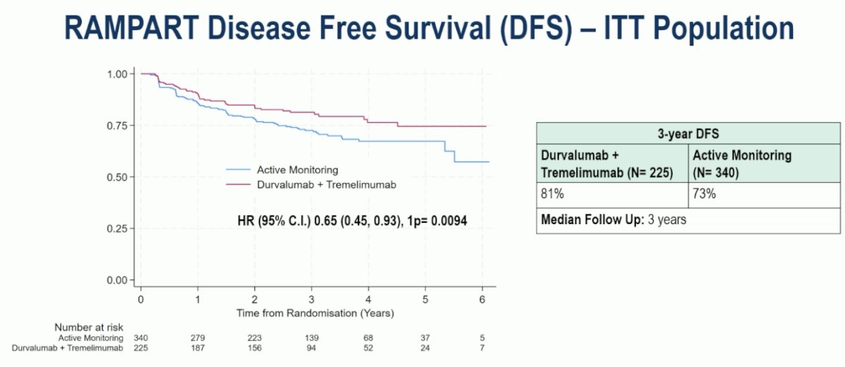 In the intent-to-treat (ITT) population, at a median follow-up of three years, the combination of durvalumab + tremelimumab significantly prolonged DFS, compared to active monitoring (3-year DFS: 81% vs 73%; HR: 0.65, 95% CI: 0.45–0.93, p<0.01):