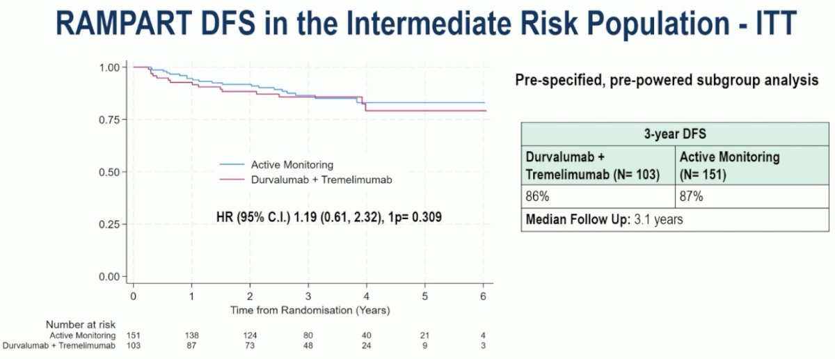 This is further visualized in the Kaplan Meier curves below – 1st one demonstrates DFS for durvalumab + tremelimumab versus active monitoring in the high-risk group, and the 2nd demonstrates the DFS comparison in the intermediate-risk group: 2