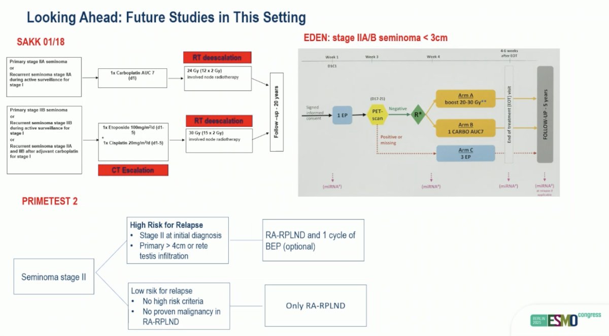 Dr. von Amsberg concluded by highlighting that the SAKK 01/18 trial has completed accrual and is exploring an additional de-escalation approach combining escalation-dose chemotherapy and de-escalation radiotherapy, with results expected next year. She also noted two other important ongoing studies: PRIMETEST 2, which stratifies patients by relapse risk to evaluate the role of primary robotic-assisted RPLND (with or without adjuvant BEP), and EDEN, which investigates PET-guided de-escalation in stage IIA/B seminoma using tailored carboplatin or radiotherapy regimens. Together, these trials aim to refine treatment intensity and minimize long-term toxicity while maintaining cure rates.