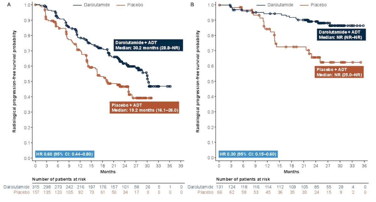 Darolutamide + ADT improved radiological progression-free survival and secondary endpoints versus placebo + ADT in both high-volume and low-volume subgroups. In the low volume subgroup, darolutamide + ADT reduced the risk of radiological progression or death by 70% (HR 0.30, 95% CI 0.15–0.60), where median radiological progression-free survival was not reached in either group. In the high volume subgroup, darolutamide + ADT reduced the risk of radiological progression or death by 40% (HR 0.60, 95% CI 0.44–0.80), with a median radiological progression-free survival of 30.2 months with darolutamide versus 19.2 months with placebo: