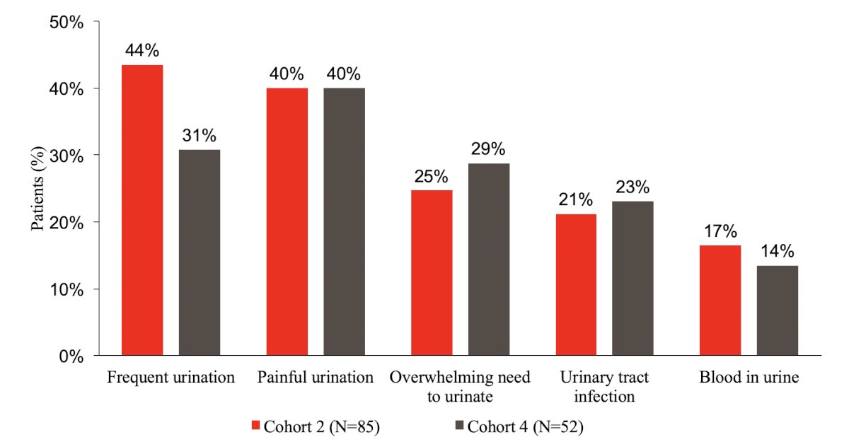 With regards to efficacy, in SunRISe-1 Cohort 2, 82.4% of patients achieved a complete response following treatment and 52.9% of patients who responded were responsive to treatment for at least 12 months. In Cohort 4, 85.3% of patients were disease-free after 6 months, and 70.2% of patients were disease-free after 12 months. In both cohorts, most side effects were mild to moderate symptoms of the lower urinary tract (Grade 1 or 2) that were managed symptomatically and of short duration (~3 weeks):