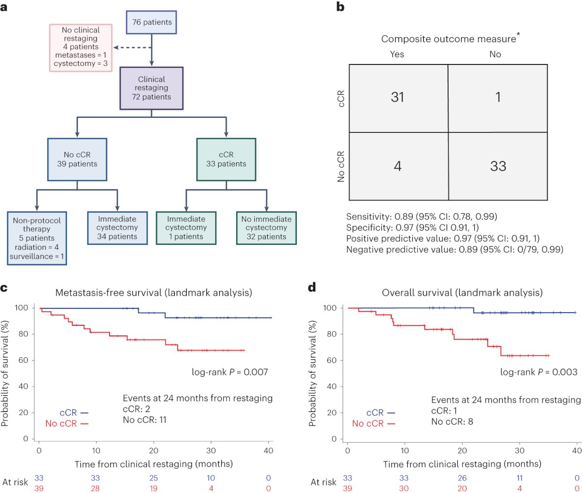 Among patients achieving a clinical complete response (n = 33), 9 patients eventually underwent a delayed radical cystectomy, often after evidence of local recurrence, with 2/33 patients developing metastases. Patients with a clinical complete response had significantly better metastasis-free survival and overall survival, as demonstrated in the Kaplan Meier curves below. Clinical complete response predicted treatment benefit with a positive predictive value of 0.96 (95% CI: 0.89 – 1.0):