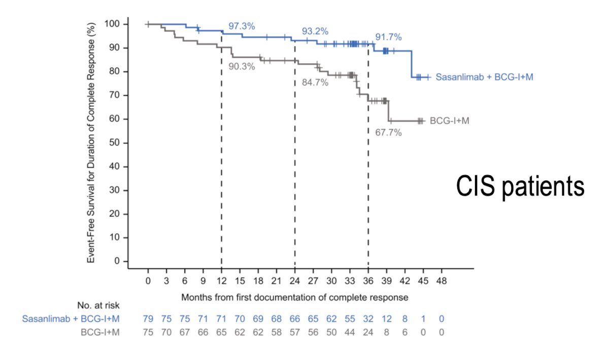 The risk of experiencing an event-free survival event was 32% lower with sasanlimab + BCG compared to BCG induction and maintenance alone (stratified HR 0.68, 95% CI 0.49–0.94; 1-sided p-value: 0.0095). In patients with CIS, the probability of maintaining a complete response at 36 months was 91.7% with sasanlimab + BCG induction and maintenance, compared to 67.7% with BCG induction and maintenance alone: