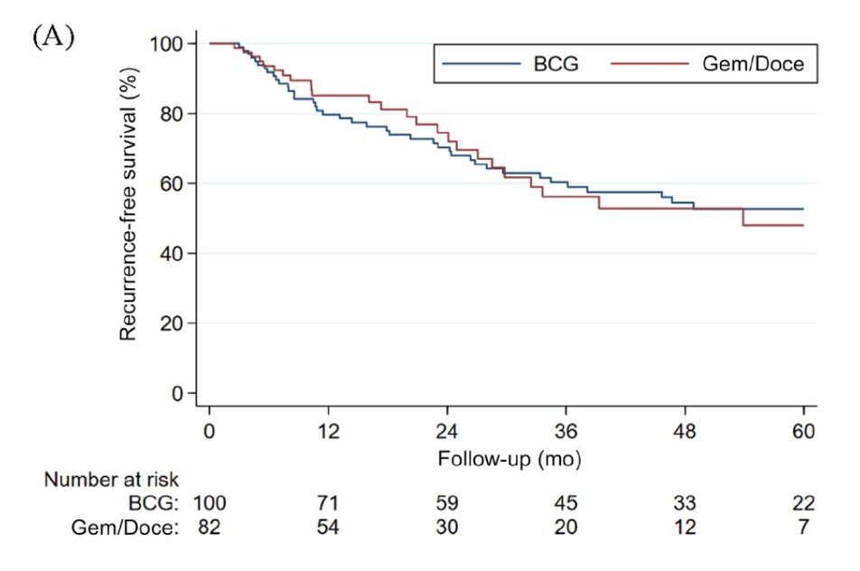 In a multicenter assessment of gemcitabine + docetaxel in intermediate risk disease, Tan et al. evaluated oncological outcomes for 182 patients treated with BCG (n = 100) or intravesical sequential gemcitabine and docetaxel (n = 82).1 Notably, recurrence rates were similar in the two treatment groups (HR 1.06, 95% CI 0.65-1.73; p = 0.8):&nbsp;&nbsp;