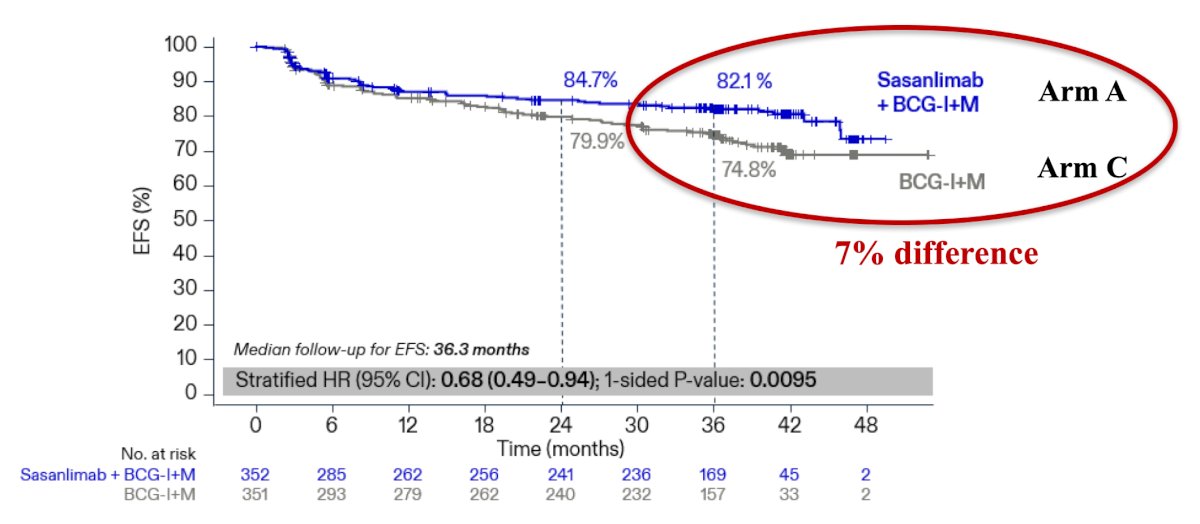 The primary endpoint of event-free survival was met: 32% lower with sasanlimab + BCG (induction and maintenance) compared to BCG (induction and maintenance) alone (stratified HR 0.68, 95% CI 0.49–0.94; 1-sided p-value: 0.0095)&nbsp;
