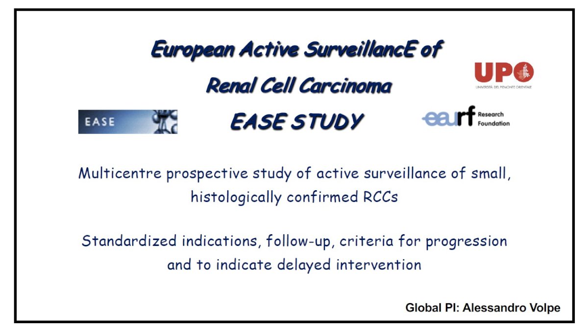 EASE (European Active SurveillancE of Renal Cell Carcinoma) is a multicenter, prospective study of AS for histologically confirmed SRMs that aims to overcome some of these limitation through standardized indications, follow-up, and well-defined criteria for progression and delayed intervention: