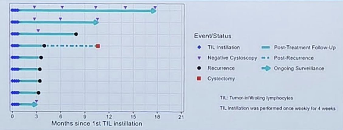 All patients completed treatment, no serious adverse events have been observed, and all adverse events were grade 1 or 2. The most common treatment adverse events were dysuria (44%), urinary frequency (44%), fatigue (33%), and urinary retention (33%). All patients have had at least one surveillance cystoscopy after completing treatment: