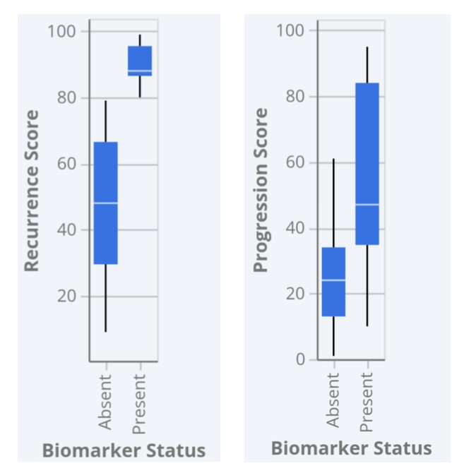 BCGPredict biomarker-present cases had higher recurrence scores, but overlap existed in progression scores for biomarker-present and -absent disease:
