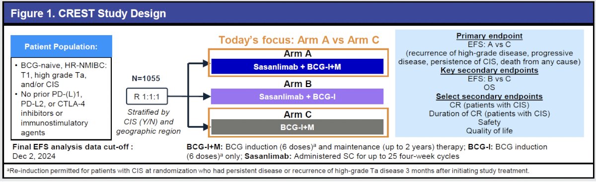 BCG-unresponsive disease was defined per FDA guidance.10 The primary endpoint was event-free survival (EFS) for Arm A versus Arm C, with key secondary endpoints including:
