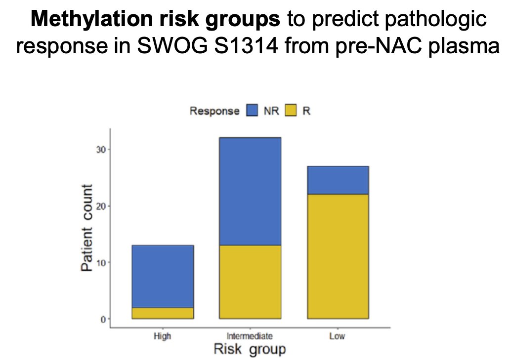 DNA methylation adds a powerful layer of tumor biology to MRD detection, offering richer tumor-derived signals than mutation-only assays. Methylation profiling has the potential to outperform mutation-based MRD tests, and several commercial urine assays already leverage this biology for diagnosis and recurrence monitoring. Because methylation patterns reflect tissue of origin and disease aggressiveness, they can stratify risk and predict treatment response, as demonstrated by methylation risk groups in SWOG S1314 (as shown below). Advances in cfDNA methylation technologies such as cfMeDIP, EM-Seq, and integrated genetic/epigenetic sequencing now enable sensitive profiling from minimal input material, positioning methylation as a key enhancer of MRD detection in urothelial cancer.4