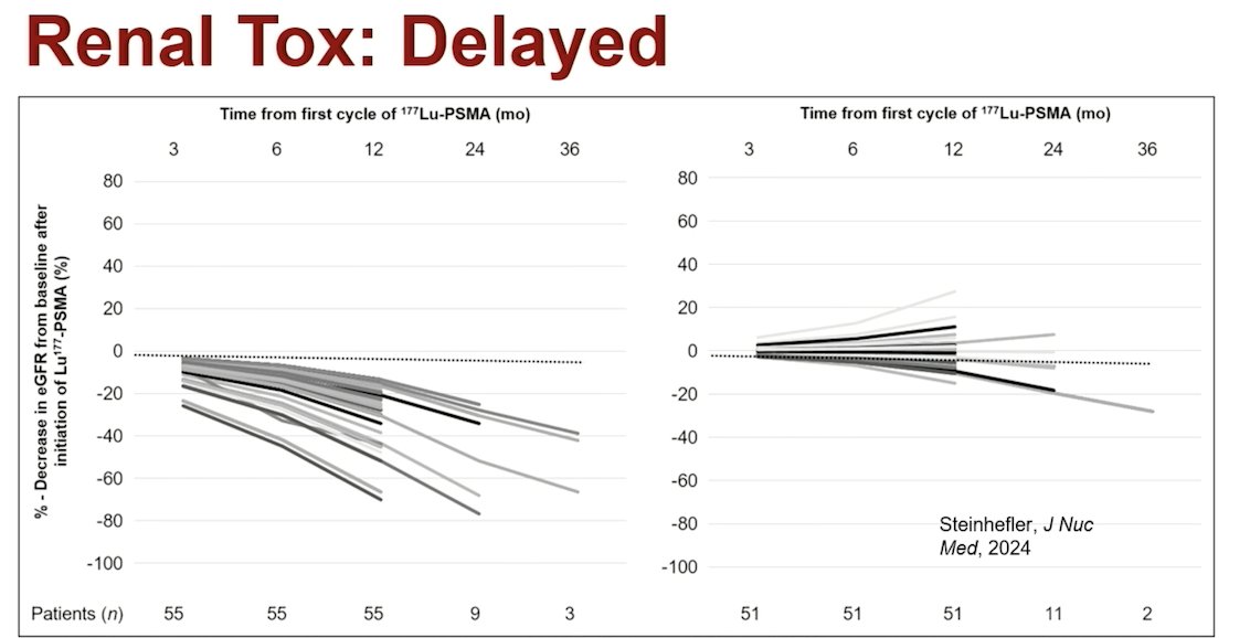 Renal toxicity appears to be more delayed. Retrospective data suggest that nearly half of patients experience ≥15% decline in GFR, with about 25% experiencing ≥40% decline. Only ~1% decline to GFR <30, but longer-term outcomes beyond one year remain insufficiently characterized. Given that PSMA is expressed in proximal tubules and that drug half-life increases in renal impairment, caution is warranted in patients with baseline chronic kidney disease.&nbsp;