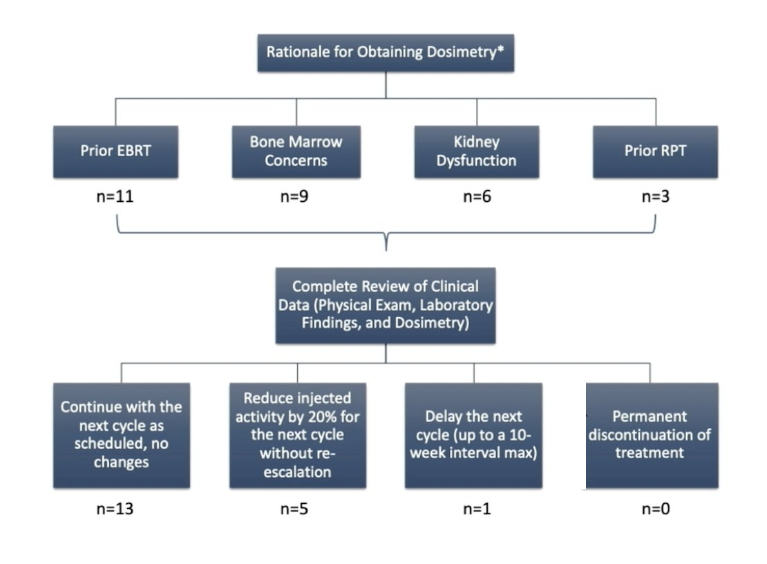 Tumor volumes received a mean absorbed dose of 91.3 Gy (range, 9.6-273.4). Personalized dosimetry, combined with clinical context, guided safe continuation of 177Lu-PSMA-617 in most patients (n = 13; 68.4%), while a smaller number of patients were recommended to discontinue treatment early (n = 5; 26.3%) or delay cycle administration (n = 1; 5.3%):