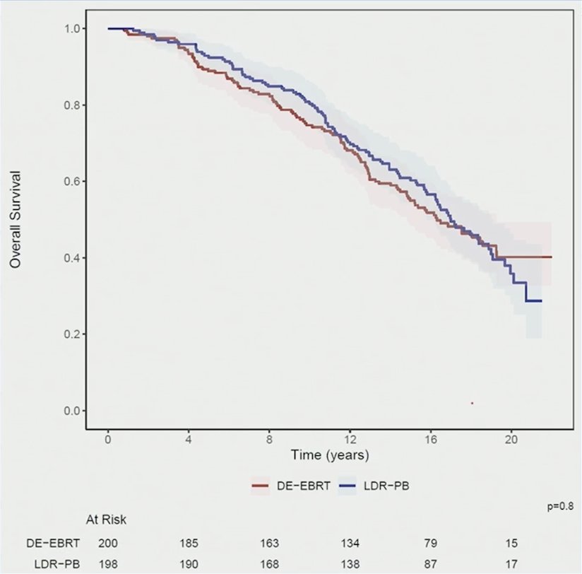 Overall survival at 15 years was 55.0% (95% CI 48.4 – 62.4) and 60.9% (95% CI 54.4 – 68.1) for external beam radiotherapy and prostate brachytherapy arms, respectively (HR 1.02, 95% CI 0.78 – 1.33, p = 0.908 on multivariable analysis):