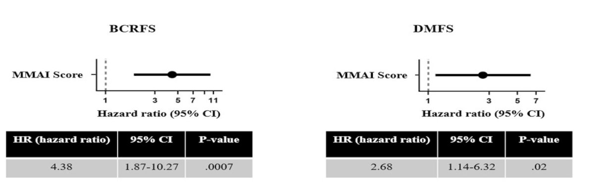 MMAI demonstrated strong prognostic discrimination. Each one standard deviation increase in MMAI score was associated with: