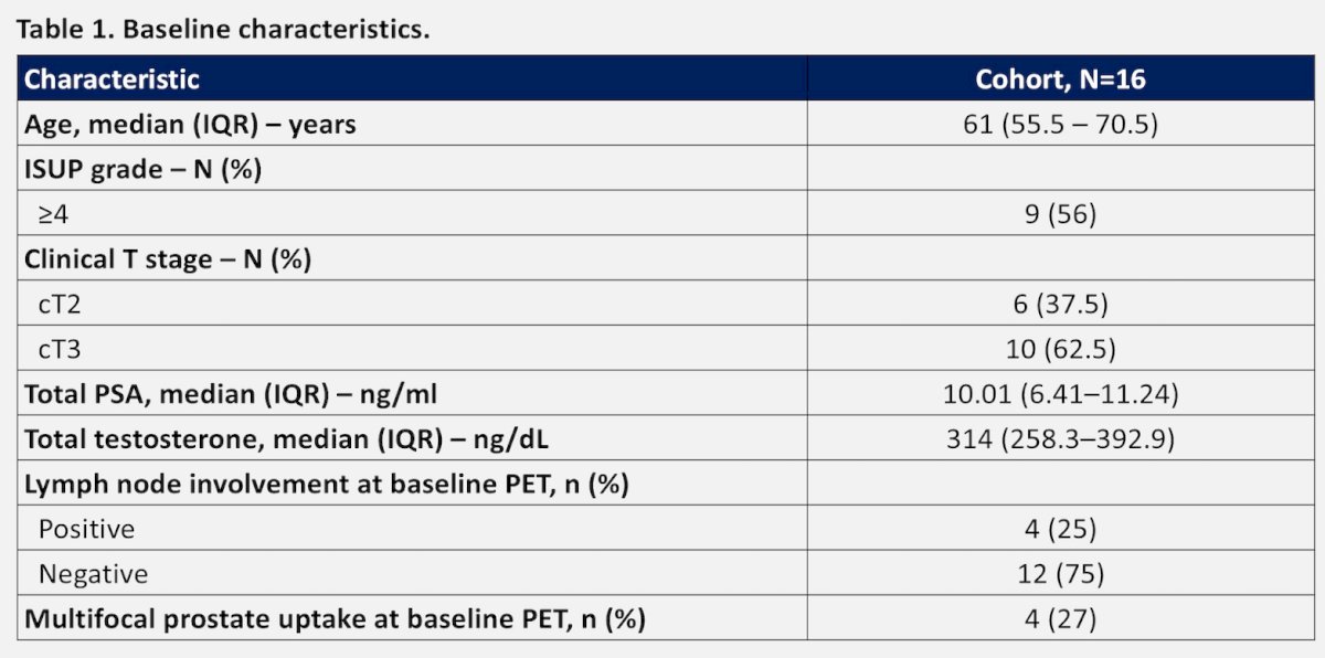 Between July 2023 and March 2025, 16 patients were enrolled, with a median age of 61 (IQR 55–70) years, 56% had ISUP grade 4+ prostate cancer, 62.5% had cT3 disease, and the median PSA was 10.01 ng/mL (IQR 6.41–11.24):