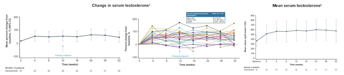 Of 23 eligible patients (evaluable set), the median age was 74 years (range 54–84), 61% were white, 91% had an ECOG performance status score 0, and 87% had a Gleason score <8. At study entry, median PSA was 6.0 ng/mL (range 2.1–27.4). From the start of darolutamide treatment, testosterone increased by 53% at week 12, 56% at week 24, and 48% at week 52. Mean serum testosterone concentrations increased through week 4 and then remained stable through week 52