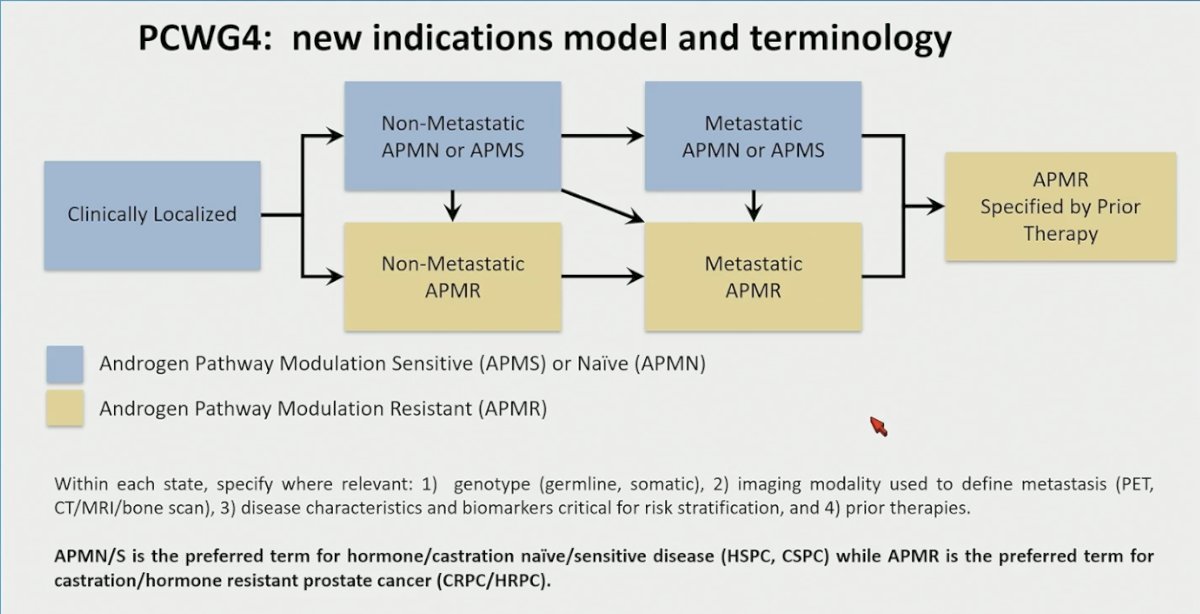 PCWG4 proposes an updated disease state model and terminology that reflects the widespread use of ARPIs and other modern therapies. Rather than relying solely on traditional “hormone-sensitive” and “castration-resistant” labels, the framework introduces androgen pathway modulation–naïve or sensitive (APMN/APMS) and androgen pathway modulation–resistant (APMR) states, applicable to both non-metastatic and metastatic disease. This nomenclature aims to be more biologically and treatment-informed, accounting for prior therapy exposure, imaging modality used to define metastases, and relevant genomic and biomarker features. In this model, APMN/APMS corresponds to hormone/castration-naïve or -sensitive disease, whereas APMR aligns with castration-resistant prostate cancer, providing a more precise and contemporary structure for clinical trial design and reporting.
