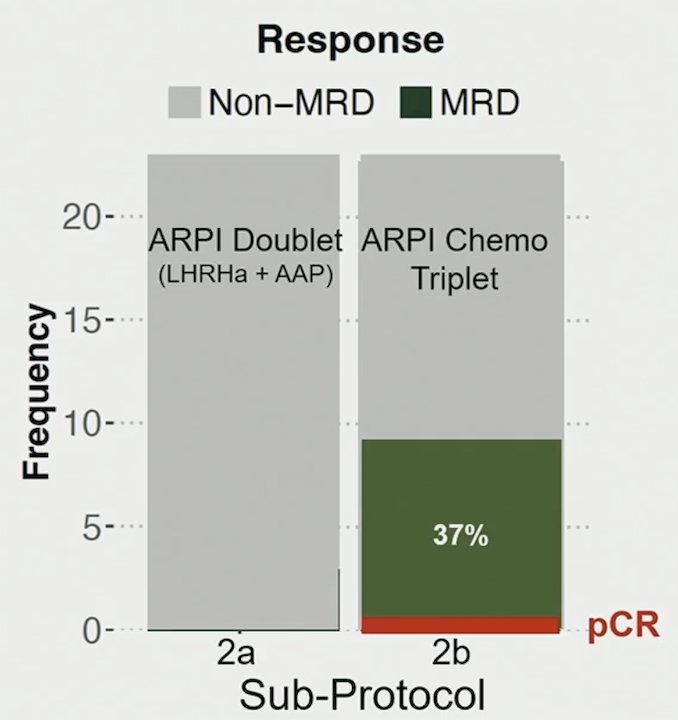 Sub-protocol 2 randomized 48 men with aggressive genomic alterations (TP53, PTEN, AKT) to an androgen receptor pathway inhibitor doublet (sub-protocol 2a) alone or with 6 cycles of docetaxel (sub-protocol 2b). Minimal residual disease rates were significantly higher in sub-protocol 2b (39% versus 0%, p-value = 0.016), including one pathological complete response: