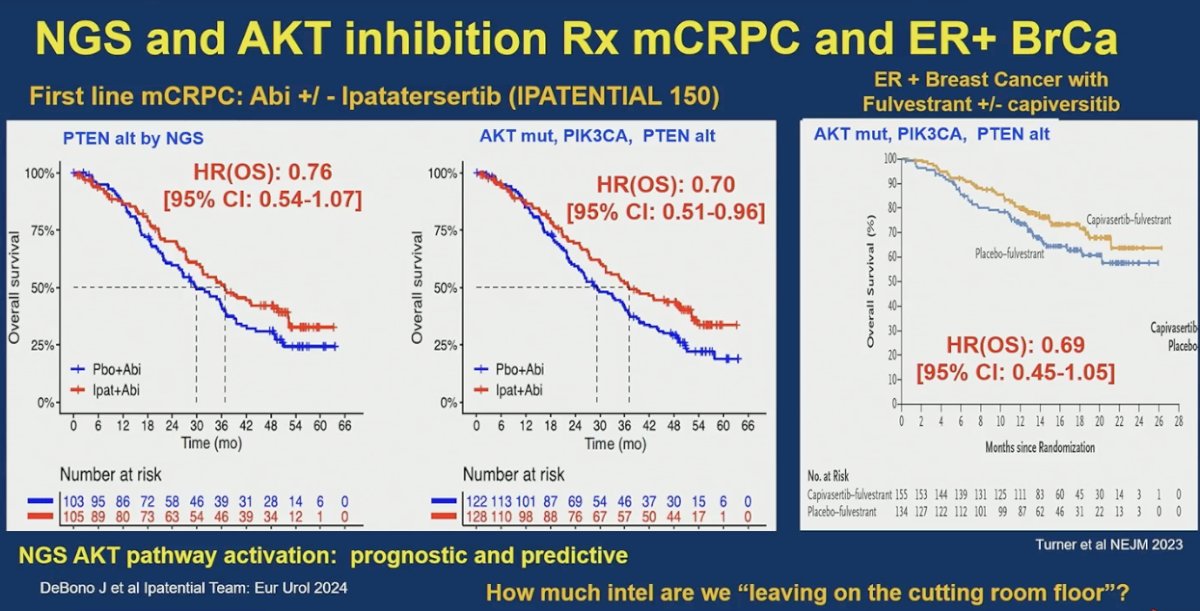 Moreover, he highlighted emerging data suggesting that NGS-defined AKT pathway alterations may be both prognostic and predictive. In IPATential150, patients selected by genomic alterations in AKT, PIK3CA, or PTEN appeared to derive greater OS benefit compared to selection by PTEN IHC alone. He contrasted this with ER-positive breast cancer, where capivasertib plus fulvestrant demonstrated benefit in genomically defined AKT pathway–altered tumors, reinforcing the concept that more precise molecular selection, rather than IHC alone, may better capture patients most likely to benefit from AKT inhibition in prostate cancer.