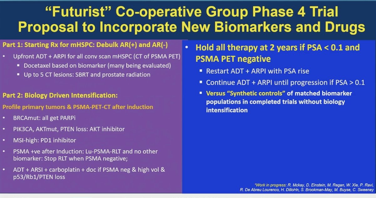 As an example of a forward-looking cooperative group effort, he outlined a proposed phase IV platform strategy. The first step would involve universal upfront ADT plus ARPI for conventional-scan mHSPC, with docetaxel added based on emerging biomarkers and selective use of SBRT and prostate radiation for limited metastatic burden. Following induction, tumors and PSMA PET imaging would guide biology-driven intensification: PARP inhibitors for BRCA-mutated disease, AKT inhibitors for PIK3CA/AKT/PTEN alterations, PD-1 inhibitors for MSI-high tumors, and LuPSMA radioligand therapy for persistent PSMA-avid disease, with alternative strategies for PSMA-negative or genomically high-risk tumors. In the second phase, patients achieving deep responses (PSA <0.1 and PSMA PET–negative at 2 years) could hold therapy with structured monitoring, restarting upon PSA rise, and outcomes compared with biomarker-matched synthetic controls. This framework reflects a shift toward adaptive, biomarker-integrated care across the disease continuum.
