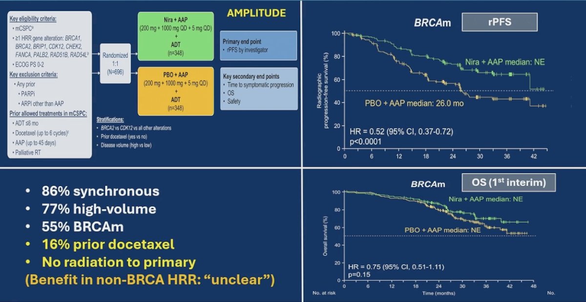 He also reviewed PARP inhibitor data in mHSPC, highlighting results from AMPLITUDE, which evaluated niraparib plus abiraterone and prednisone in patients with HRR alterations. In the BRCA-mutated subgroup, there was a clear rPFS benefit (HR 0.52, p<0.0001), with median rPFS not reached in the niraparib arm versus 26 months with placebo plus AAP. An early OS signal was also observed in BRCA-mutant patients, though not yet statistically significant. Importantly, benefit outside of BRCA alterations remains uncertain, underscoring the need for biomarker-driven patient selection.&nbsp;