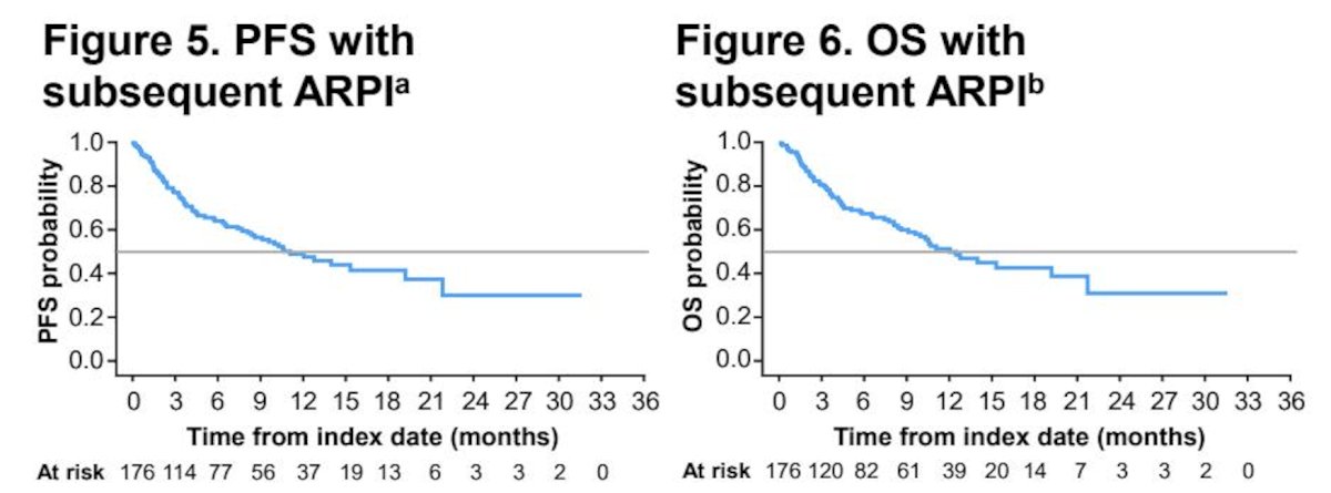 Among 123 patients initiating an androgen receptor pathway inhibitor as subsequent therapy, 52% achieved a PSA50, 33% a PSA80, and 20% a PSA90. The median progression-free survival was 10.7 months (95% CI 8.1-19.3), and the median overall survival was 12.5 months (95% CI 9.6-21.8) among patients receiving a subsequent androgen receptor pathway inhibitor: