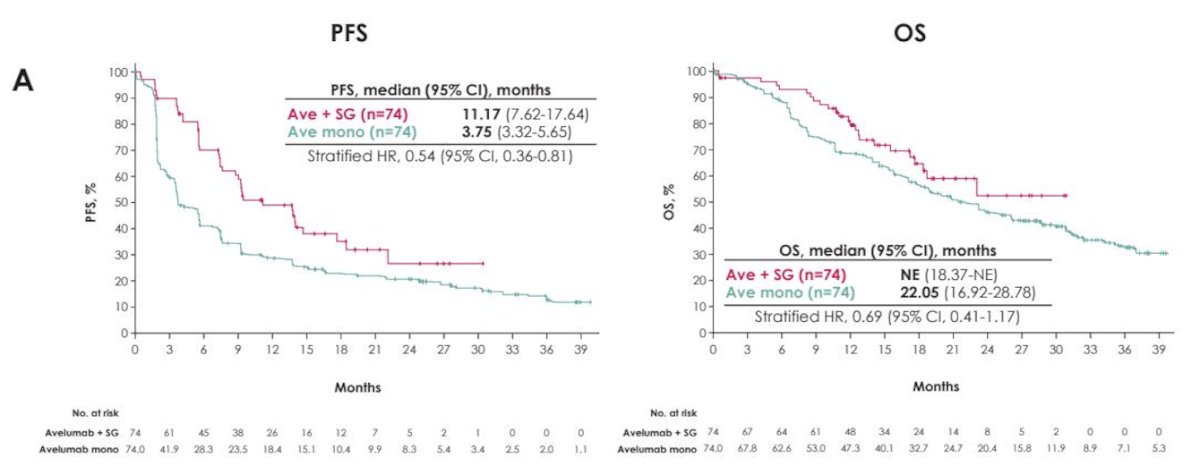 In the Avelumab + SG arm, median progression-free survival was 11.17 months with avelumab plus SG compared with 3.75 months with avelumab monotherapy, corresponding to a hazard ratio (HR, 0.54 [95% CI, 0.36-0.81]). This represents a clinically meaningful improvement in PFS with the combination. Overall survival data were immature at the time of analysis. Median OS had not yet been reached in the combination arm and was 22 months in the monotherapy arm, with a hazard ratio of 0.69 (95% CI 0.41–1.17).