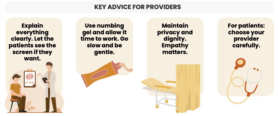 Patient experiences with cystoscopy varied considerably. While many described modern flexible cystoscopes as more tolerable than older rigid instruments, negative experiences were often linked to inadequate pain control, insufficient explanation, and perceived lack of empathy. A consistent theme emerged in that technical proficiency alone does not define procedural quality, highlighting the importance of communication, privacy, and clinician demeanor significantly shaping patient perception. The following figure highlights key advice for providers performing cystoscopy: