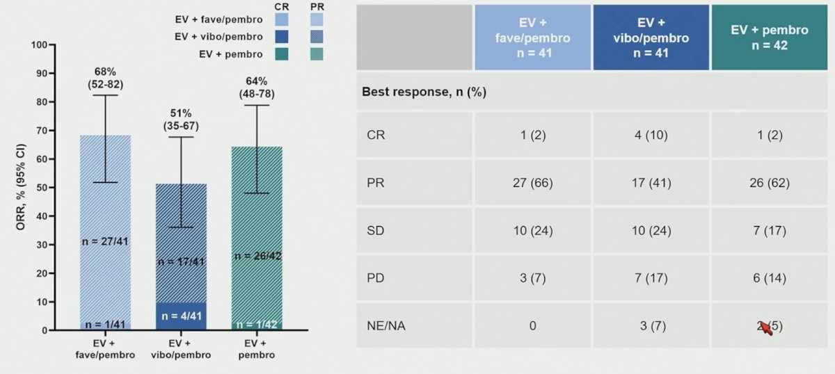 Dose limiting toxicity was reported for 1/10 participants on enfortumab vedotin + favezelimab + pembrolizumab and no participants on enfortumab vedotin + vibostolimab + pembrolizumab. The objective response rate was 68% for Arm A, 51% for Arm B, and 64% for Arm C: